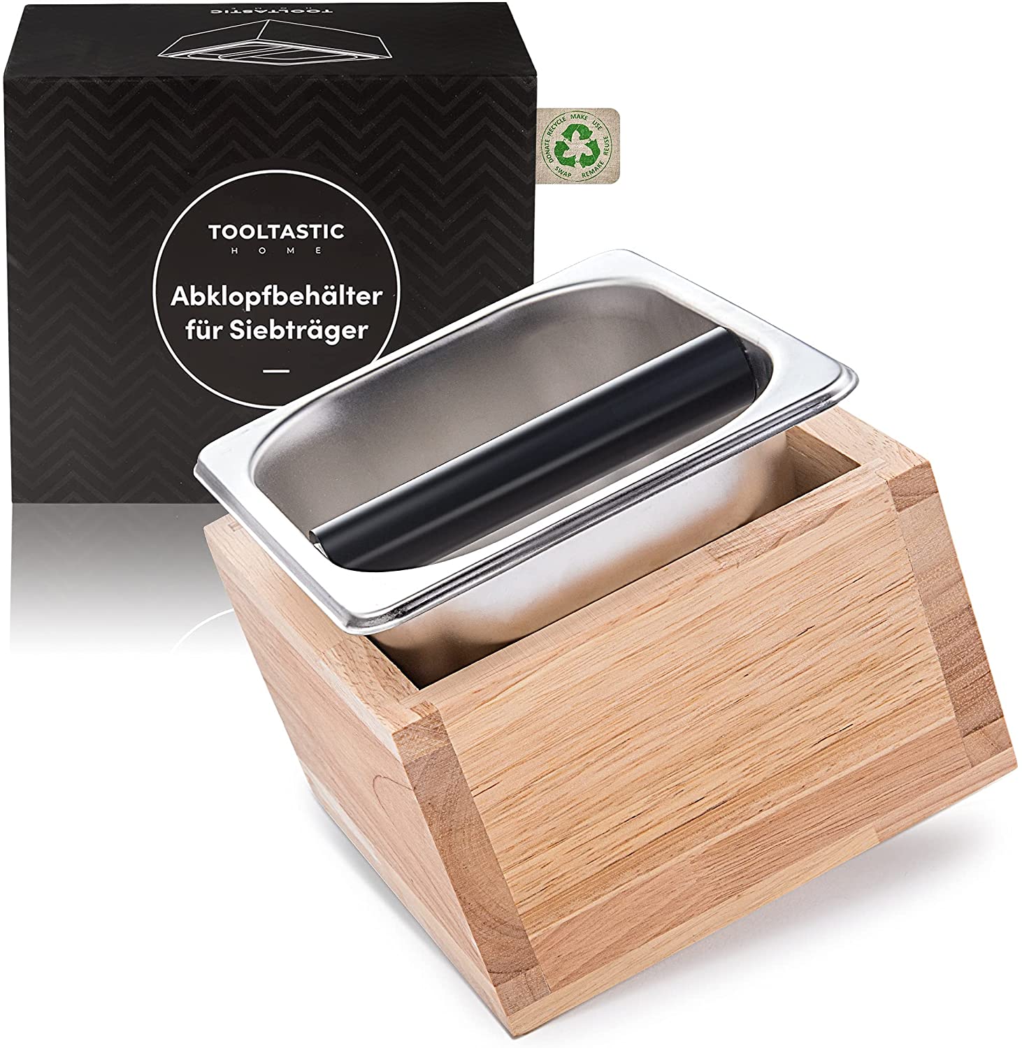 Cajón picamarro de madera y acero para rincón de café